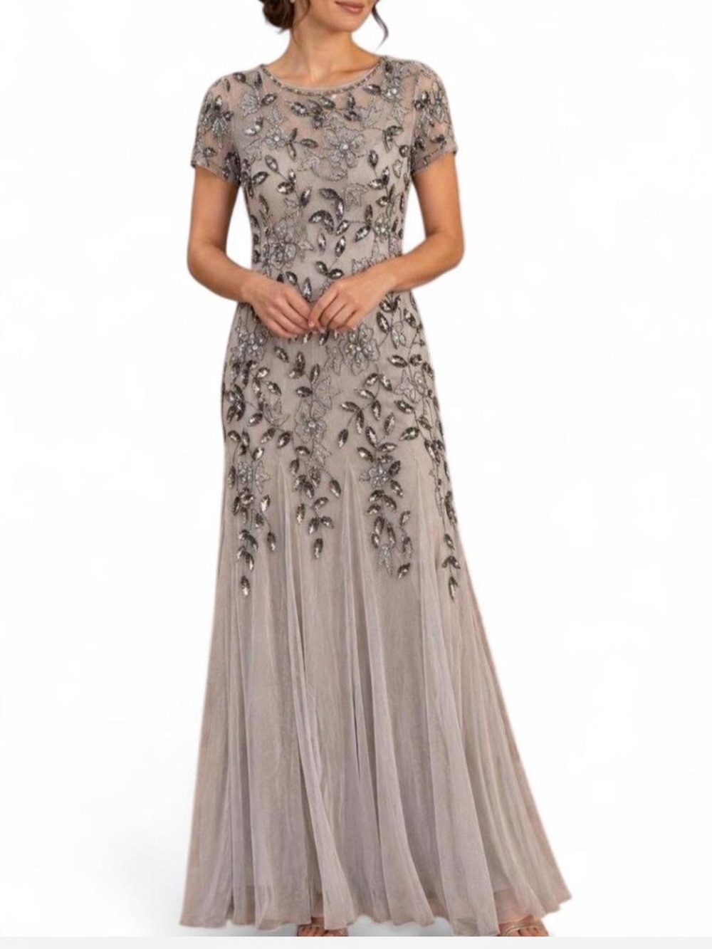 Adrianna Papell beaded silver grey gown